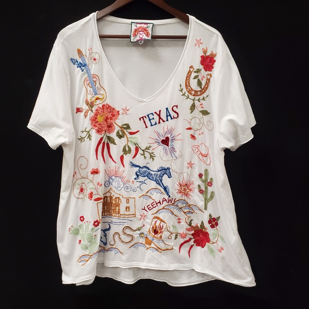 Johnny Was Texas Everyday Tee Size XXL Embroidered Shirt Deep V Boho Western